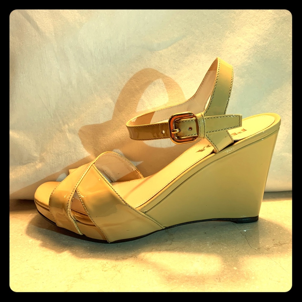Prada pastel yellow patent leather wedges